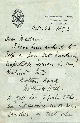 Large size image of Case 477 2. Letter from Sister Marian of St Andrew's Deaconess' House, Westbourne Park concerning the girls' mother's wish to have her daughters returned to London  23 October 1893
 page 1