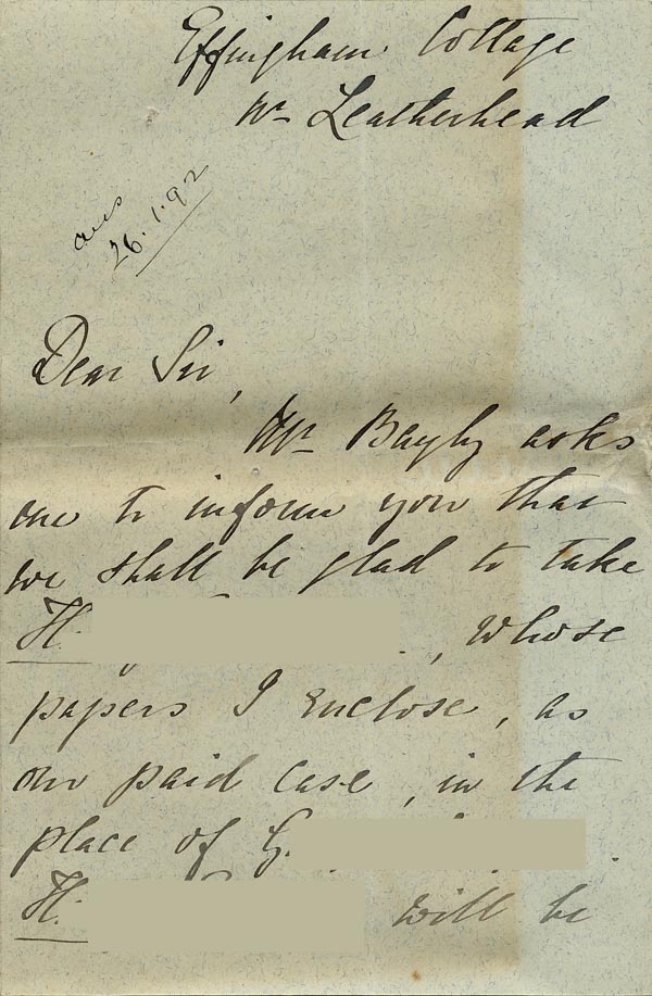 Large size image of Case 485 7. Letter from Ellen Teesdale about H. being boarded out  [2- January 1892]
 page 1