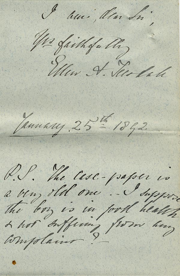 Large size image of Case 485 7. Letter from Ellen Teesdale about H. being boarded out  [2- January 1892]
 page 3