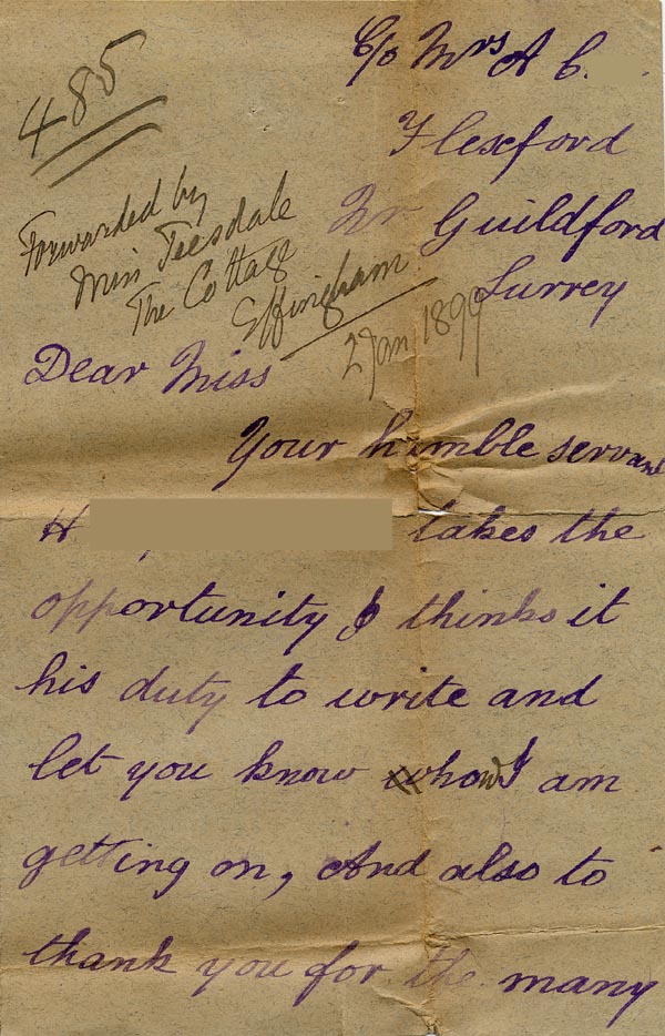 Large size image of Case 485 9. Letter from H. to Ellen Teesdale telling her about his life  [December 1898]
 page 1