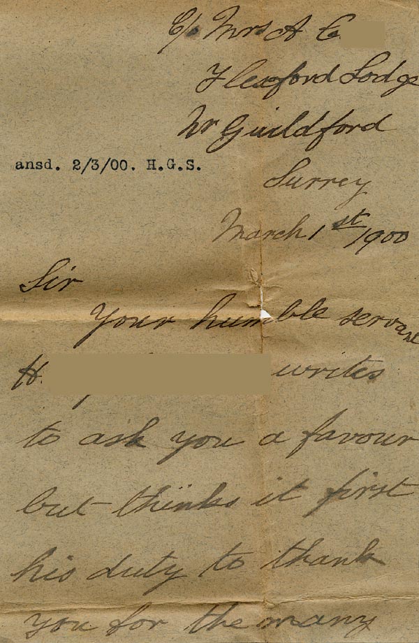 Large size image of Case 485 10. Letter from H. to Revd Edward Rudolf enquiring about his family  1 March 1900
 page 1