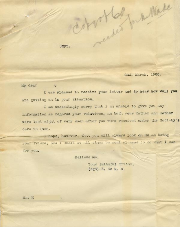 Large size image of Case 485 11. Copy letter to H. from Revd Edward Rudolf replying to his enquiries  2 March 1900
 page 1