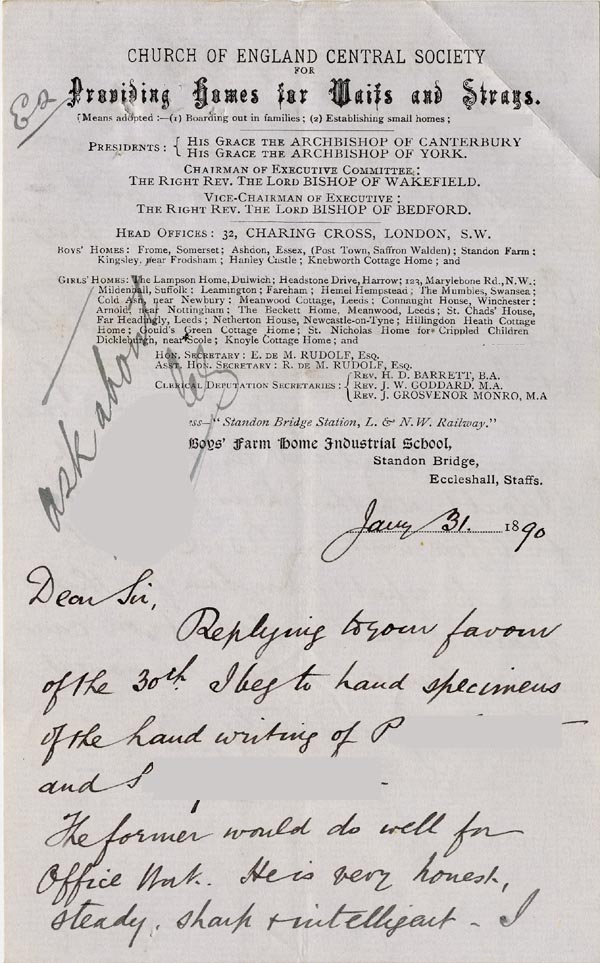 Large size image of Case 512 5. Letter from Standon Home 31 January 1890
 page 1