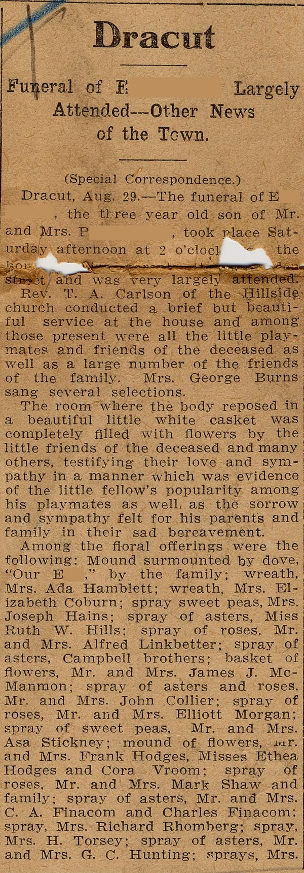 Large size image of Case 512 8. Funeral notice of P's son in Lowell-Courier Citizen newspaper 30 August 1909
 page 1