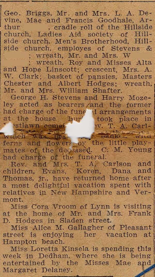 Large size image of Case 512 8. Funeral notice of P's son in Lowell-Courier Citizen newspaper 30 August 1909
 page 2