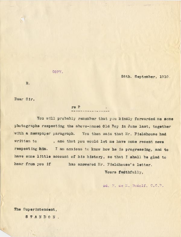 Large size image of Case 512 12. Letter to Supt W.F. Harold, Standon Home 26 September 1910
 page 1