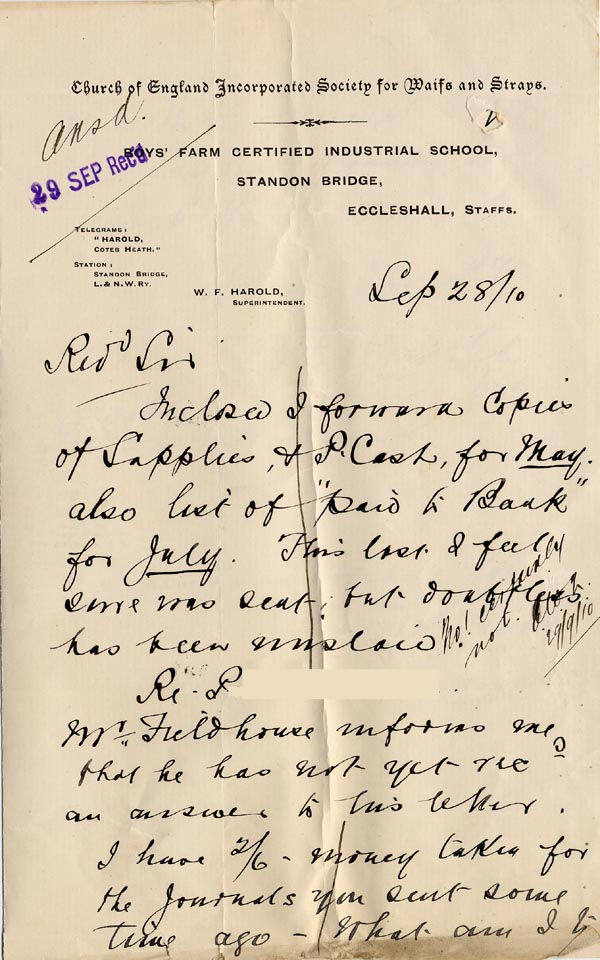 Large size image of Case 512 13. Letter from Supt W.F. Harold, Standon Home 28 September 1910
 page 1