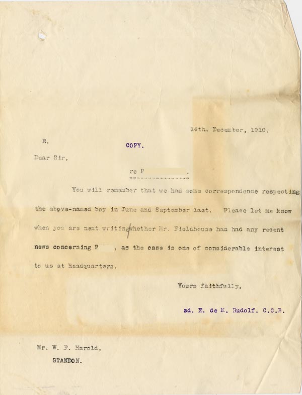 Large size image of Case 512 15. Letter to Supt W.F. Harold, Standon Home 14 December 1910
 page 1