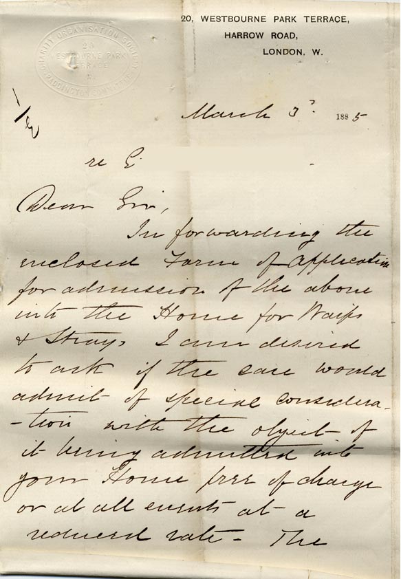 Large size image of Case 517 2. Letter accompanying application form  3 March 1885
 page 1