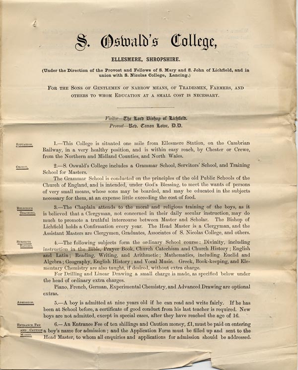 Large size image of Case 517 4. Prospectus from St Oswald's College, Ellesmere  August 1886
 page 1