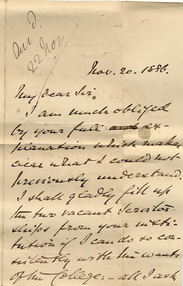 Large size image of Case 517 5. Letter from John Bullock, the Headmaster of St Oswald's College  20 November 1886
 page 1