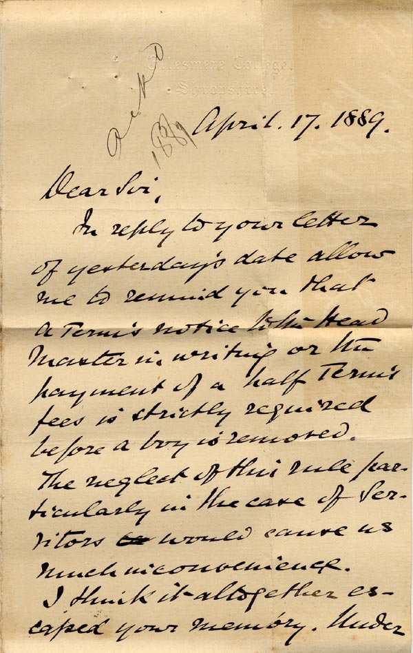 Large size image of Case 517 20. Letter from John Bullock  17 April 1889
 page 1