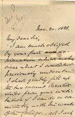 Image of Case 517 5. Letter from John Bullock, the Headmaster of St Oswald's College  20 November 1886
 page 1