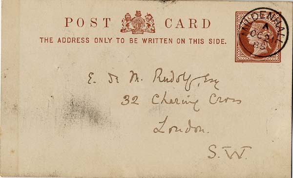Large size image of Case 542 4. Card from Revd B. asking about F's possible admission to a Home  21 October 1885
 page 1