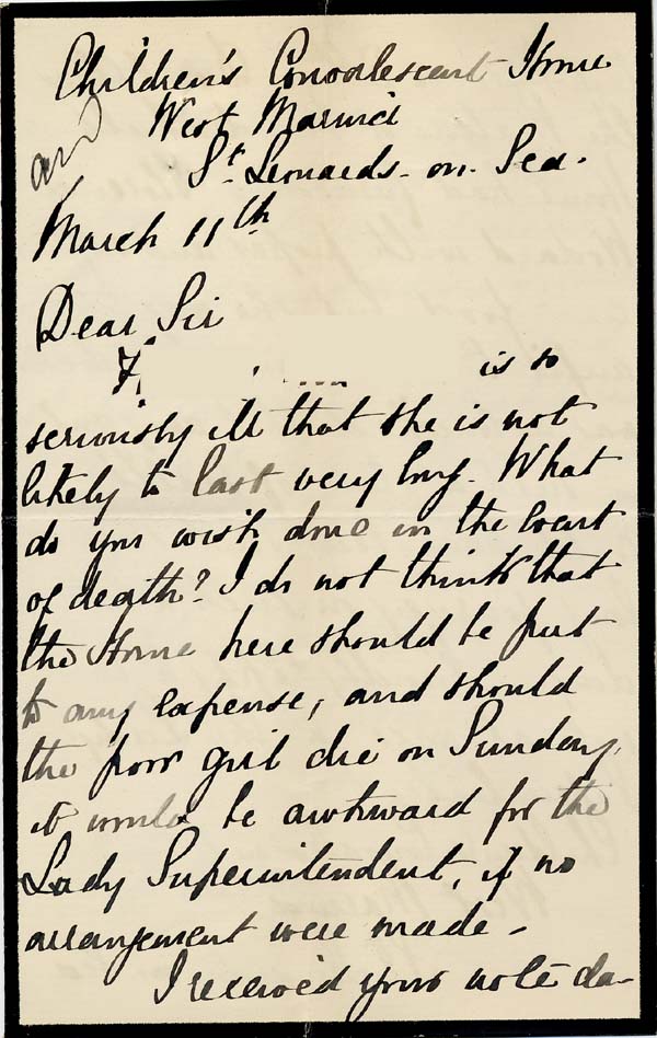 Large size image of Case 542 10. Letter from the Convalescent Home about the severity of F's illness  11 March 1892
 page 1