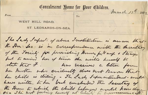 Large size image of Case 542 11. Letter from the Convalescent Home requesting that the Waifs and Strays' Society let F's mother know that her daughter is unlikely to survive  11 March 1892
 page 1