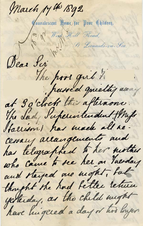 Large size image of Case 542 13. Letter from the Convalescent Home about F's death  17 March 1892
 page 1