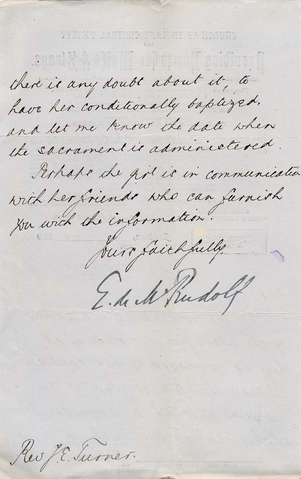 Large size image of Case 749 7. Letter from Revd Edward Rudolf concerning A's baptism  13 June 1890
 page 2