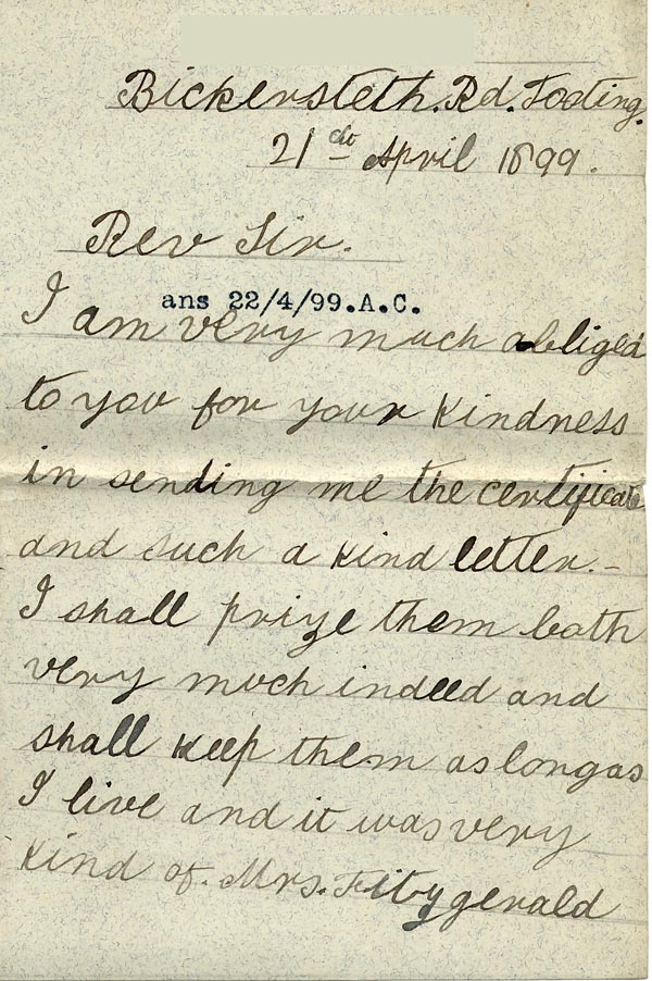 Large size image of Case 795 7. Letter from A. thanking Revd Edward Rudolf for the certificate  21 April 1899
 page 1