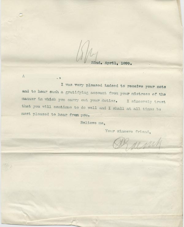 Large size image of Case 795 9. Letter from Revd Edward Rudolf to A.  22 April 1899
 page 1