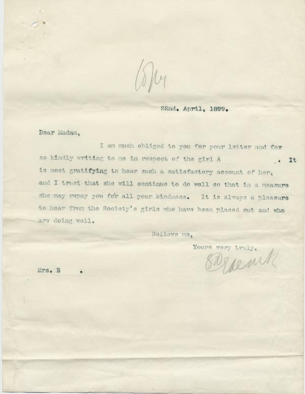 Large size image of Case 795 10. Letter from Revd Edward Rudolf to A's employer  22 April 1899
 page 1