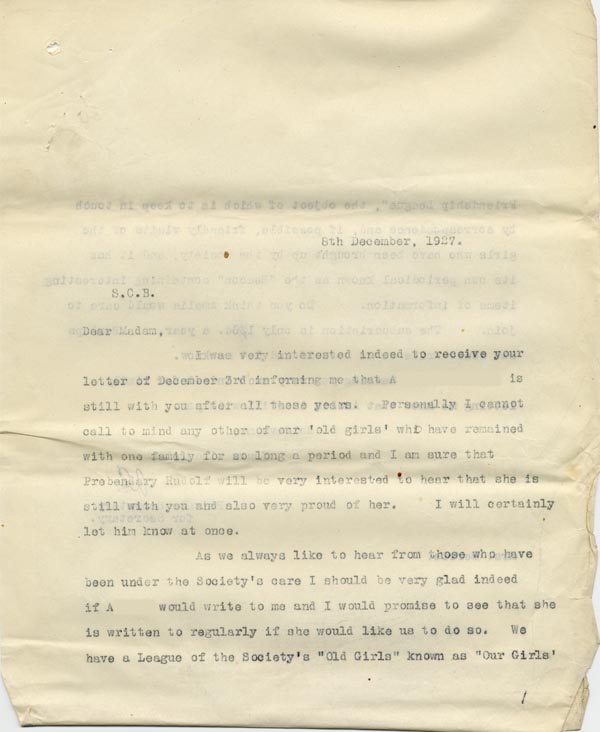 Large size image of Case 795 13. Letter from the Waifs and Strays' Society about A's long service  8 December 1927
 page 1