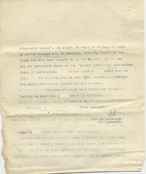 Large size image of Case 795 13. Letter from the Waifs and Strays' Society about A's long service  8 December 1927
 page 2
