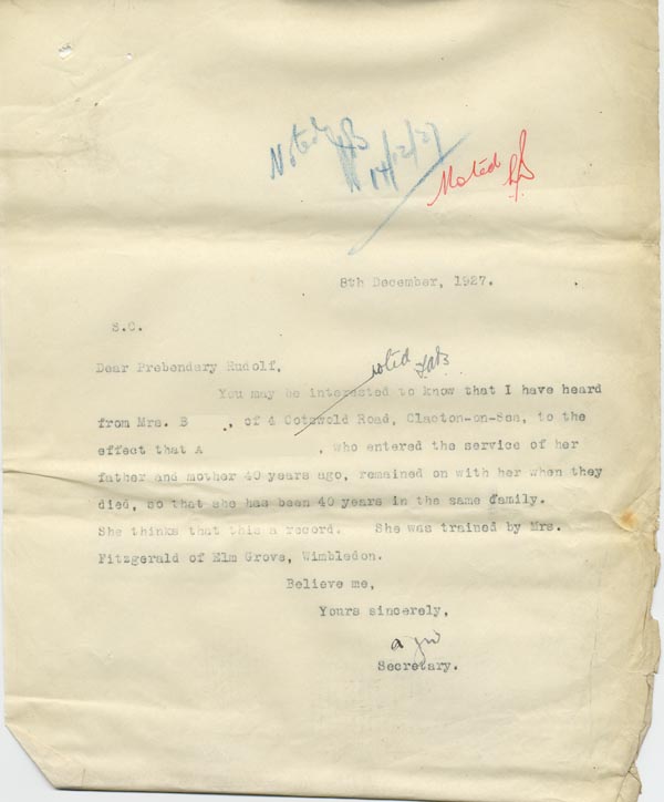 Large size image of Case 795 14. Letter to Revd Edward Rudolf informing him of A's long service  8 December 1927
 page 1