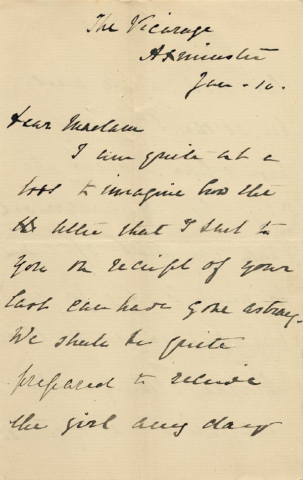 Large size image of Case 866 8. Letter from Mrs Newman about the arrangements for accepting C.  10 January 1888
 page 1