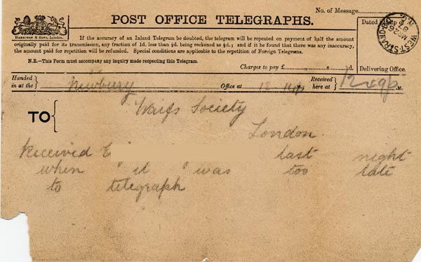 Large size image of Case 940 4. Telegram acknowledging E's arrival at Hill House Industrial School, Cold Ash  26 March 1887
 page 1