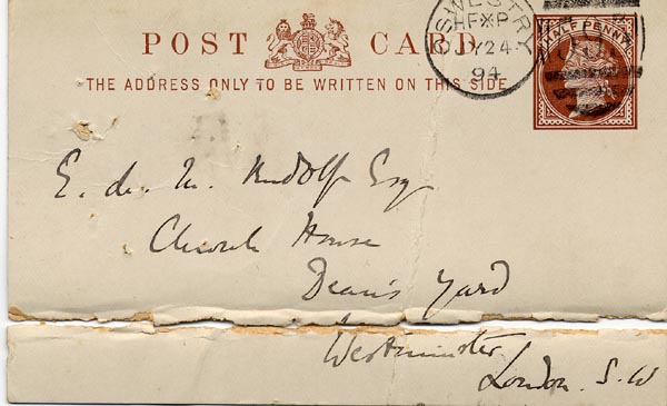 Large size image of Case 940 5. Postcard from Tedsmore Hall, Shropshire to Edward Rudolf  24 July 1894
 page 1