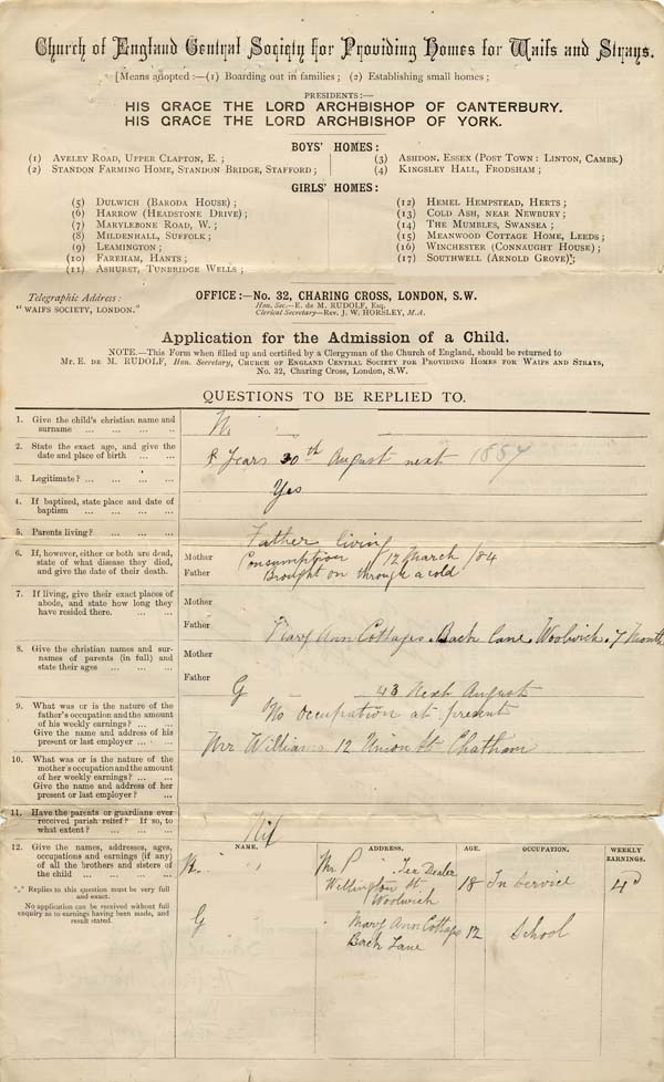 Large size image of Case 941 2. Application to Waifs and Strays' Society for M.  22 February 1887
 page 1