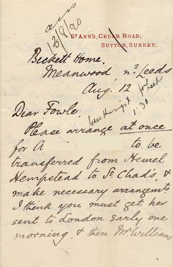 Large size image of Case 941 7. Letter from Revd Edward Rudolf requesting that A. be sent to St Chad's, Far Headingley  12 August [1890]
 page 1