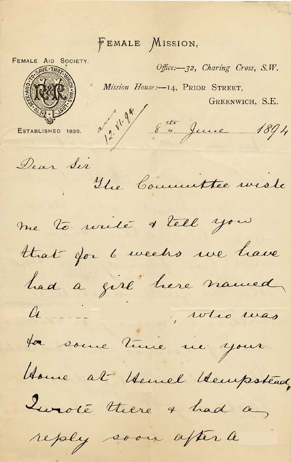 Large size image of Case 941 13. Letter from the Female Mission, Greenwich giving details of A's plight  8 June 1894
 page 1