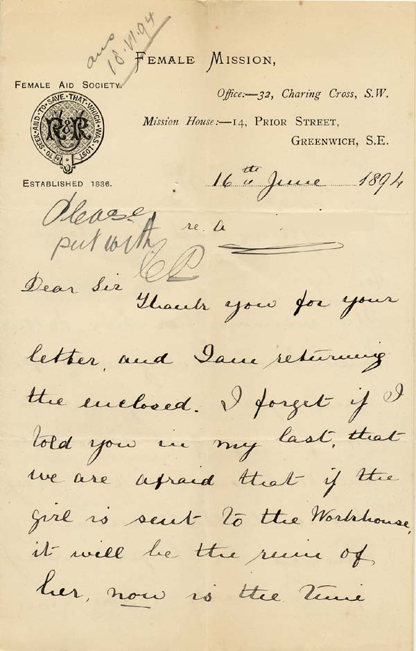 Large size image of Case 941 14. Letter from the Female Mission requesting help for A.  16 June 1894
 page 1