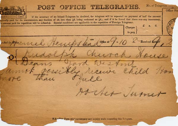 Large size image of Case 941 15. Telegram from Hemel Hempstead Home saying they are full  [May 1895?]
 page 1