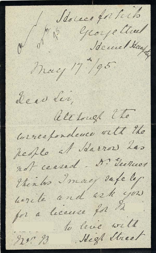 Large size image of Case 941 17. Letter about M. taking another place as a servant with reference to problems arising while she was at Harrow  17 May 1895
 page 1