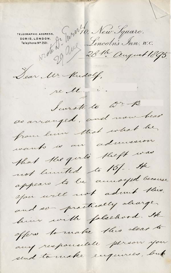 Large size image of Case 941 20. Letter from the Waifs and Strays' Society Solicitor [?] at Lincoln's Inn concerning M's alleged theft from her employers in Harrow  28 August 1895
 page 1