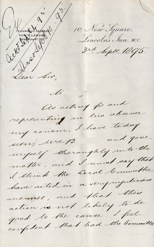 Large size image of Case 941 21. Letter from Lincoln's Inn about M's theft  3 September 1895
 page 1