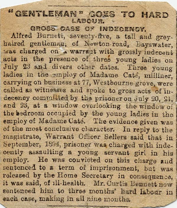 Large size image of Case 941 32. Cutting from a newspaper recording the conviction of M's employer, Alfred Burnett, for acts of gross indecency  [1896?]
 page 1