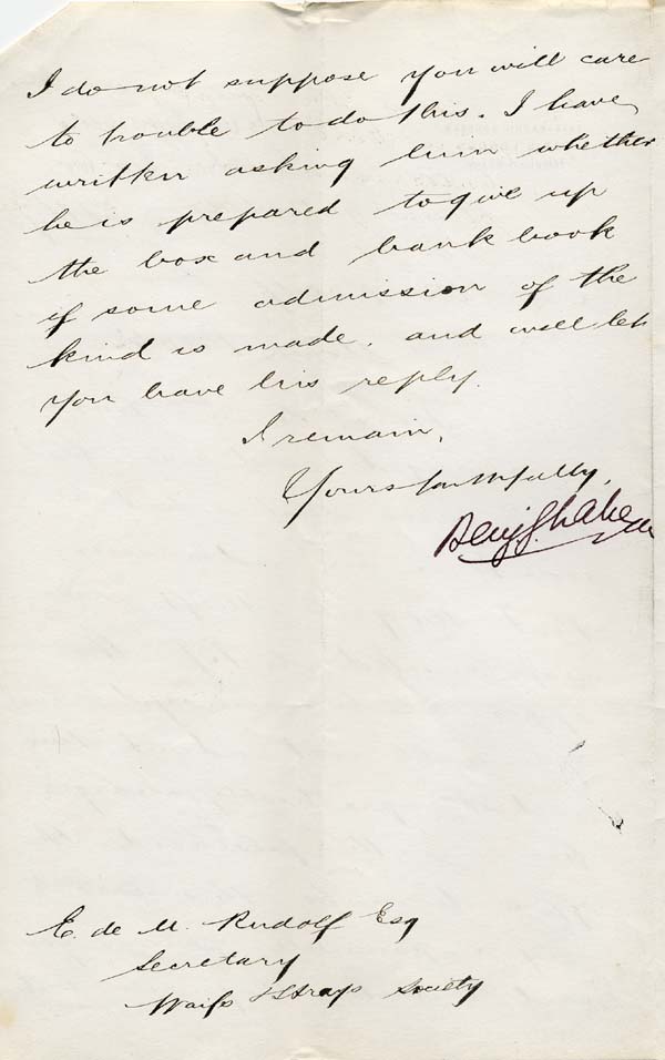Large size image of Case 942 20. Letter from the Waifs and Strays' Society Solicitor [?] at Lincoln's Inn concerning M's alleged theft from her employers in Harrow  28 August 1895
 page 2