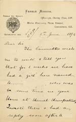 Image of Case 942 13. Letter from the Female Mission, Greenwich giving details of A's plight  8 June 1894
 page 1