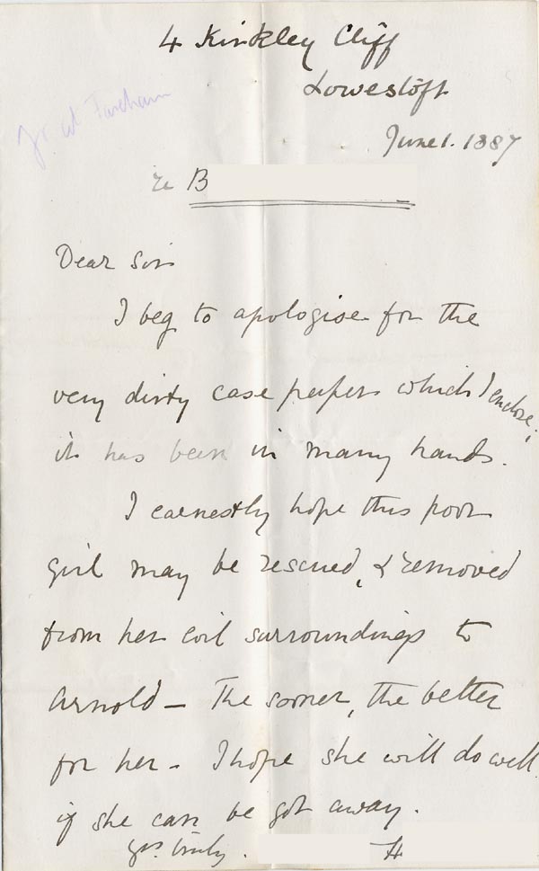 Large size image of Case 1047 2. Letter from Mrs H.  1 June 1887
 page 1