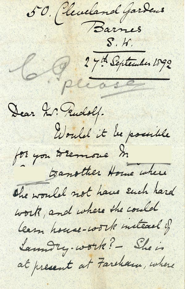 Large size image of Case 1106 10. Letter from the Barnes Ladies Association 27 Sept 1892
 page 1