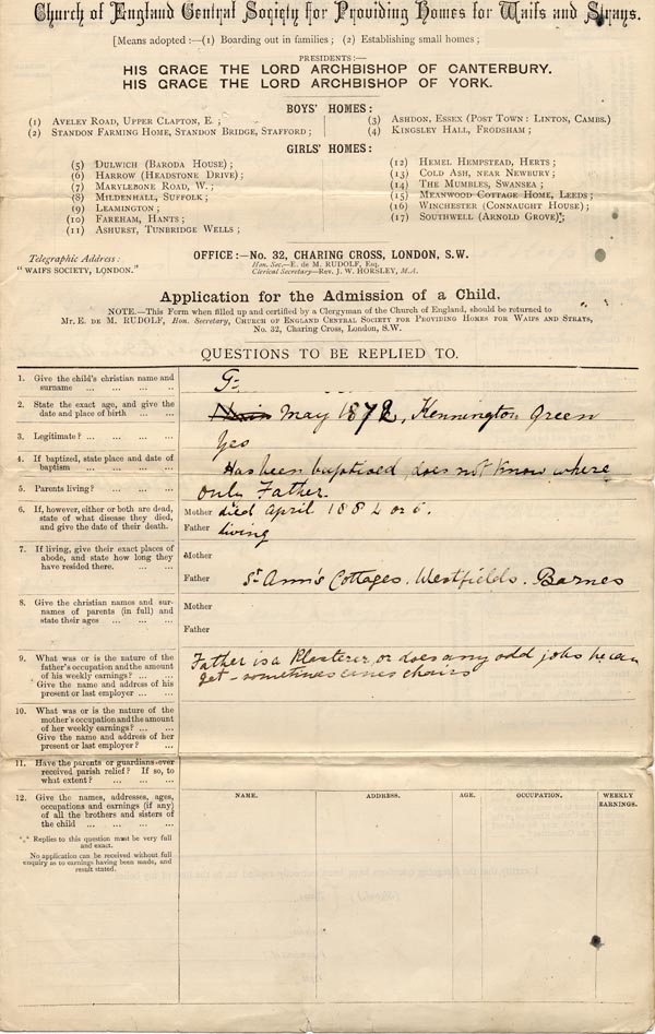 Large size image of Case 1138 1. Application to Waifs and Strays' Society c. May 1887
 page 1