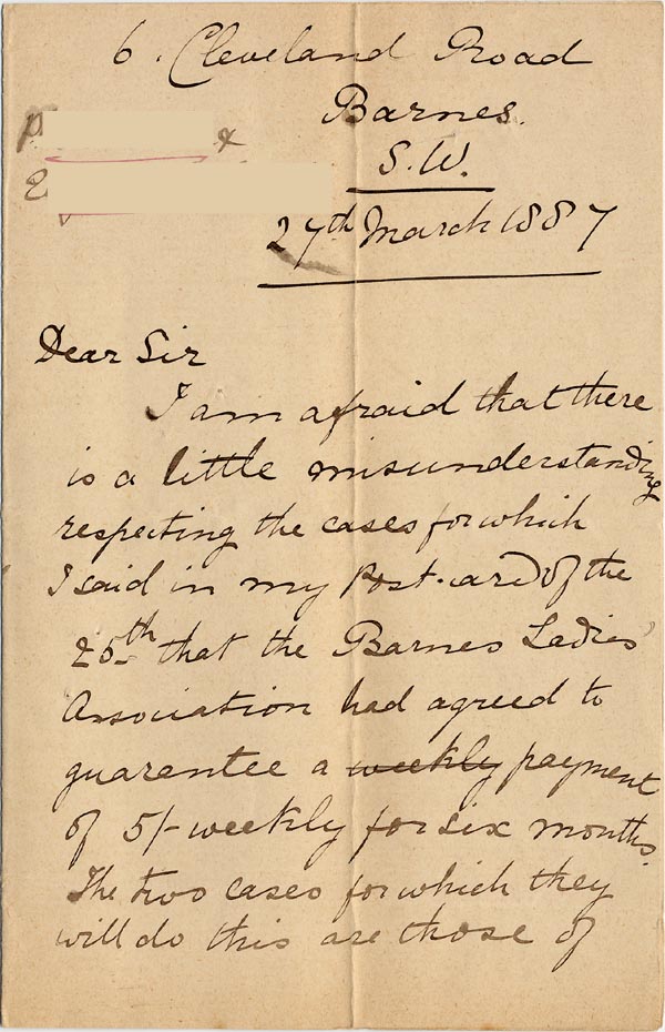 Large size image of Case 1138 3. Letter to Mrs C. Jonas, Barnes Ladies Association 27 March 1887
 page 1