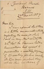 Image of Case 1138 3. Letter to Mrs C. Jonas, Barnes Ladies Association 27 March 1887
 page 1