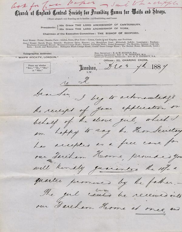 Large size image of Case 1180 2. Letter to Revd H.R. Baker St. Michaels' Vicarage 7 December 1887
 page 1