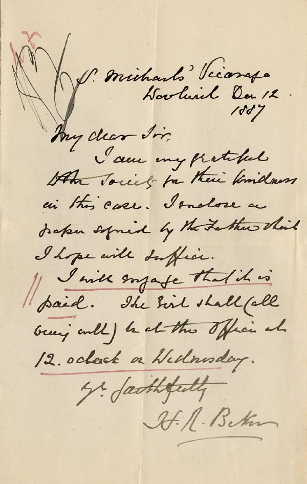 Large size image of Case 1180 4. Letter from Revd H.R. Baker St. Michaels' Vicarage 12 December 1887
 page 1