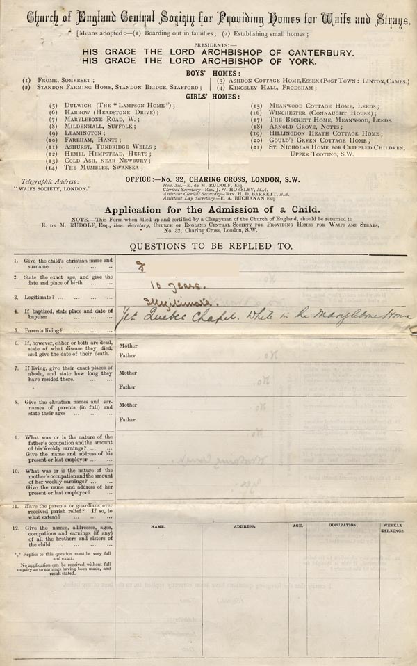 Large size image of Case 1265 1. Application to Waifs and Strays' Society March 1888
 page 1